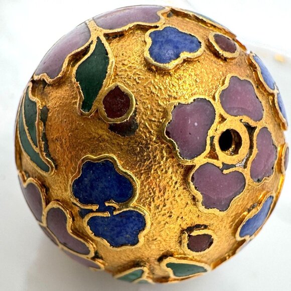 Champlevé Cloisonne 4 Gold Beads 25 MM Blue Green White Pink Flower - Picture 4 of 6